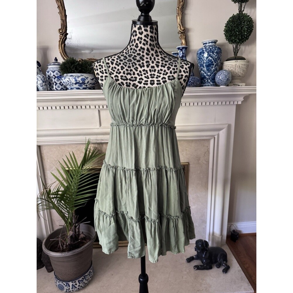 Aeropostale Sage Green Smocked Tiered Mini Dress S Adjustable Straps Baby Doll